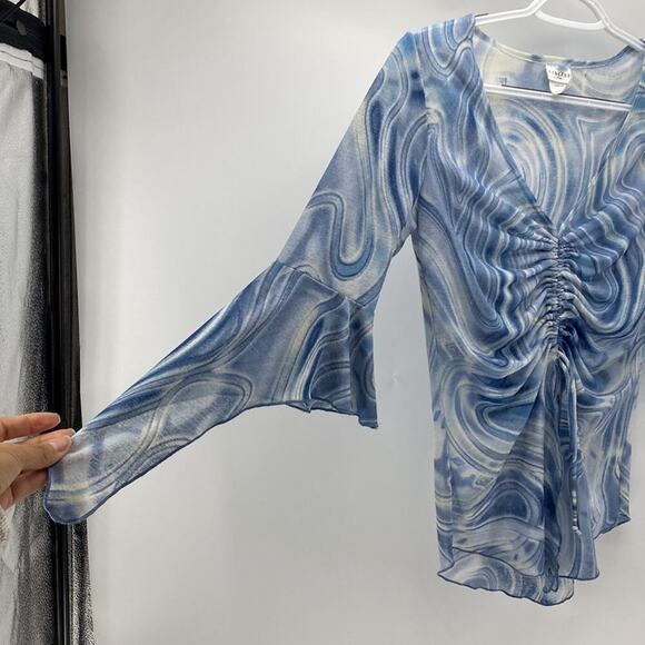 Retro Y2K marbled semi sheer adjustable top flowy sleeves form fitting sz S - Picture 3 of 7